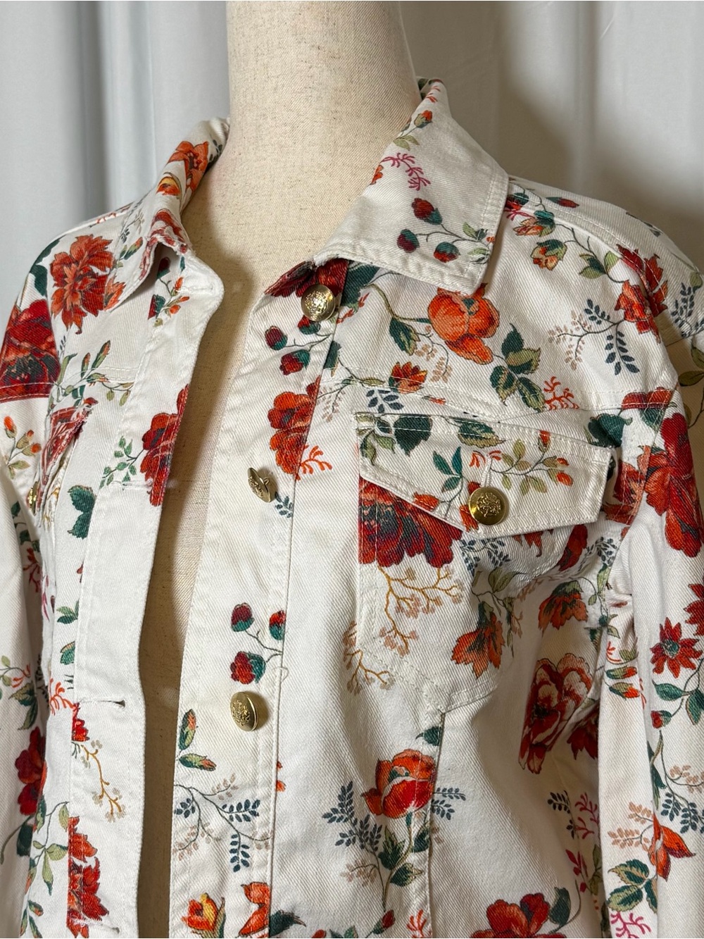 Maje Viflor Floral Denim Jacket White Red Print Stretch Cotton FR 36 Small - Picture 7 of 16